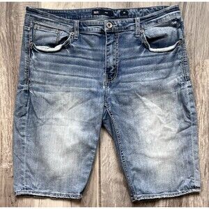 BKE Buckle Shorts Mens 38 Blue Derek Denim Whiskers Faded Western Thick Stitch